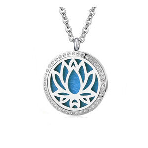 Aromatherapy Essential Oil Necklace Open Lotus w. Crystals Stainless Steel